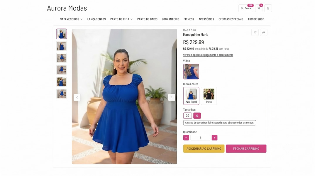 Exemplo de página de produto de moda na Boutify