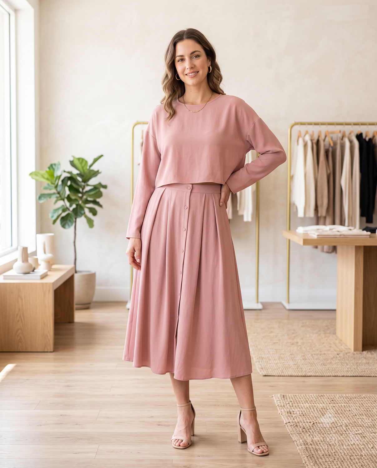 Conjunto cropped saia rose